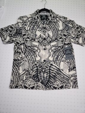 Rebel Vengeance Skull Tapestry Heavyweight Short Sleeve Button up Mens Small
